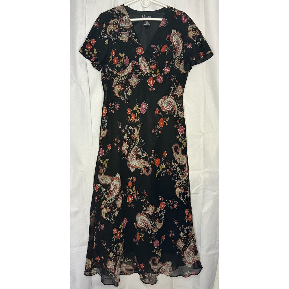 Vtg K Studio Floral Paisley Maxi Dress 16 Black Gold Pink Crystals Boho Fairy